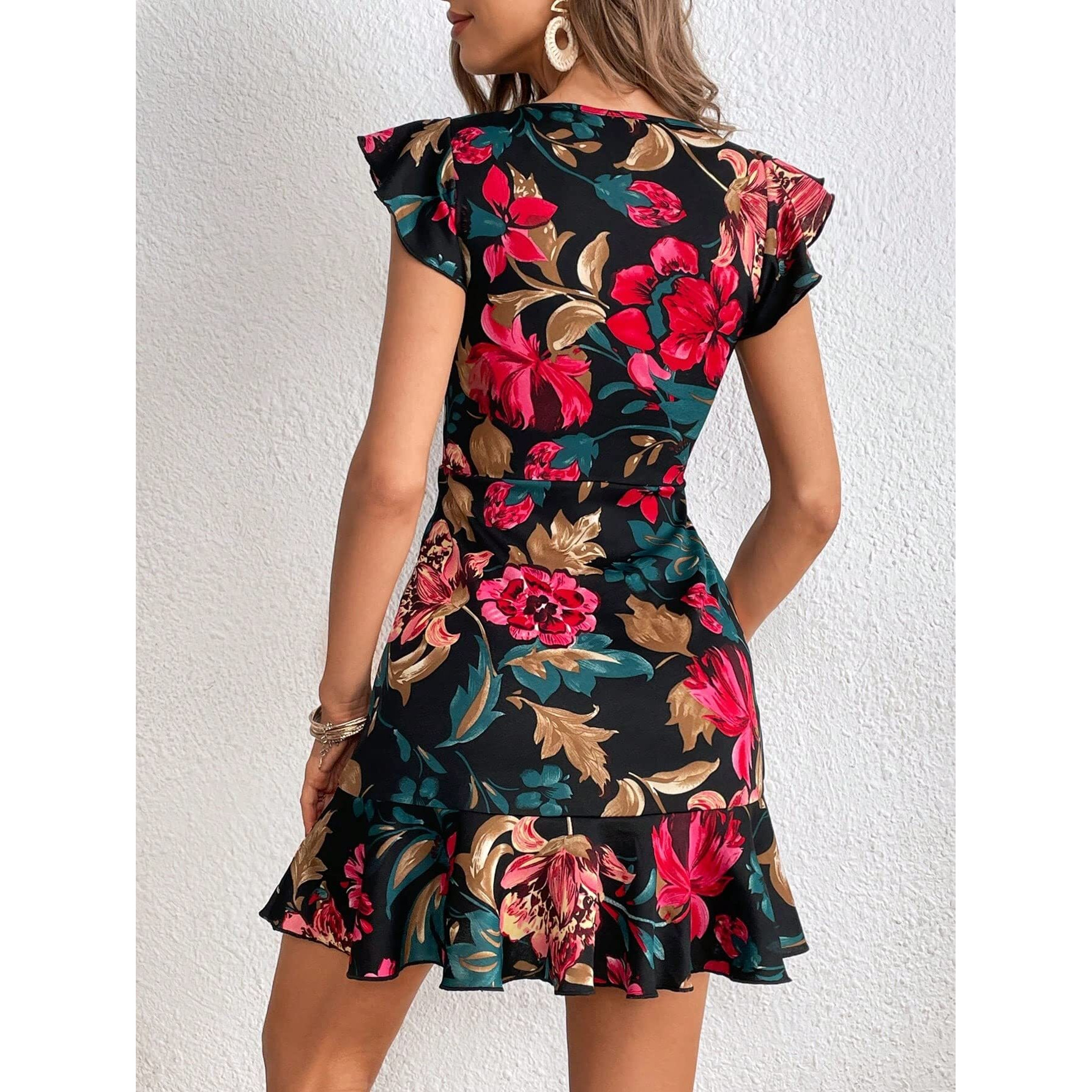Shasmi Girl's & Women's Black Floral Print Cap Sleeve Ruffle Trim Short Dress Summer Boho One Piece Mini Dress For Women Stylish Dresses (Midi 170 Black-L)