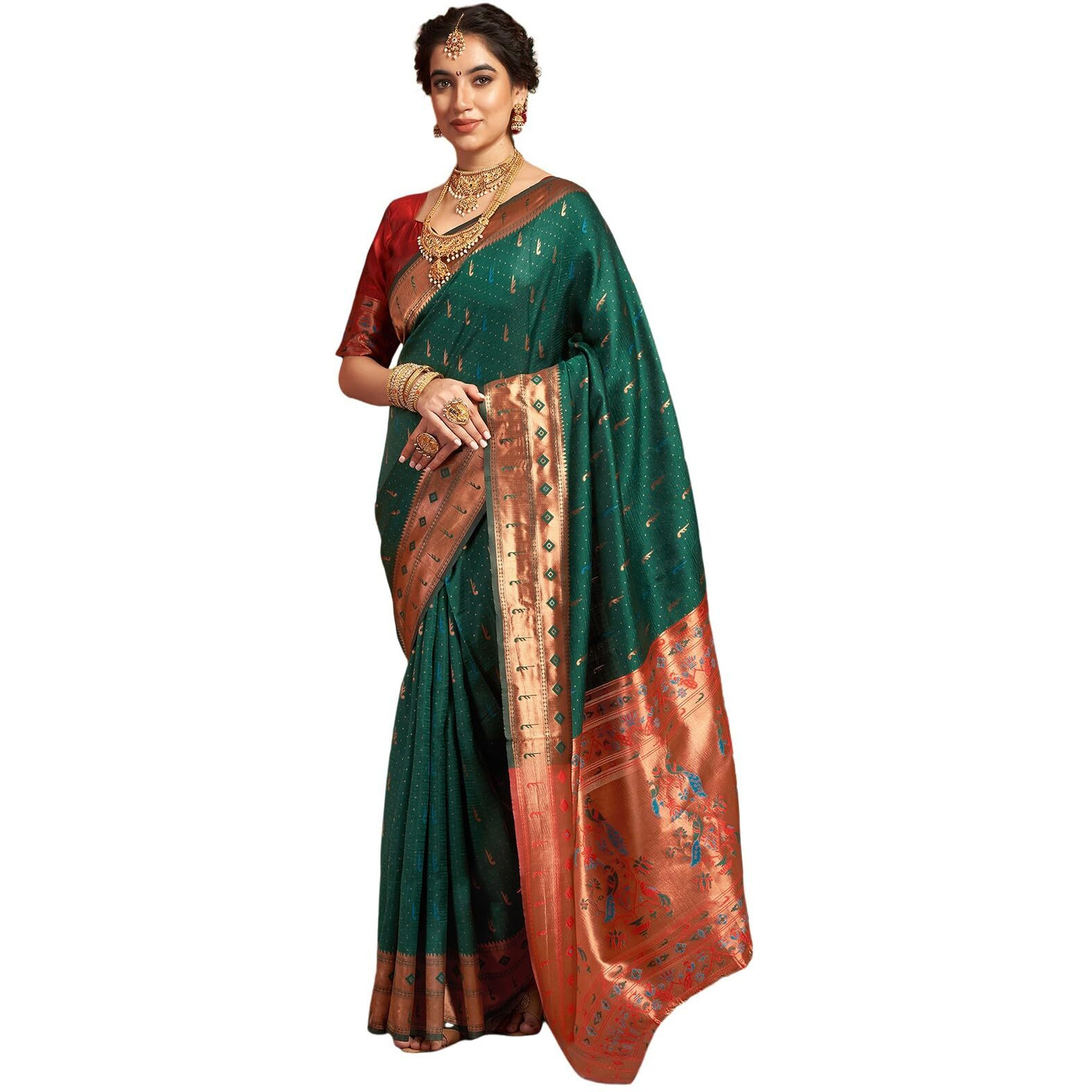Satrani Women's Silk Paithani Jacquard Weaving Saree With Unstitched Blouse Piece (4046S6296N_Dark Green)