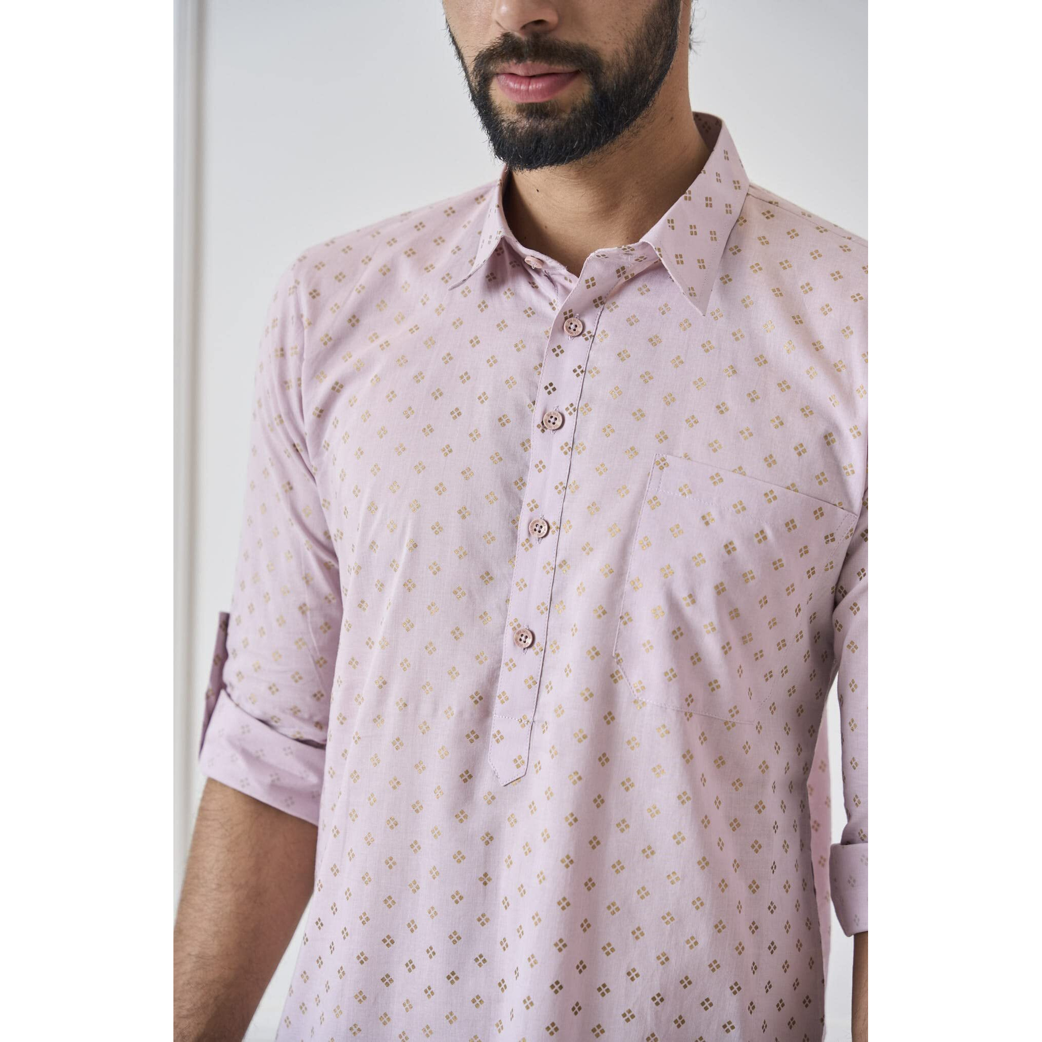 See Designs Men Spread Collar Baby Pink Regular Pure Cotton Pathani Full Sleeve Kurta With Black Salwar - Sd2Mpkt_114704L