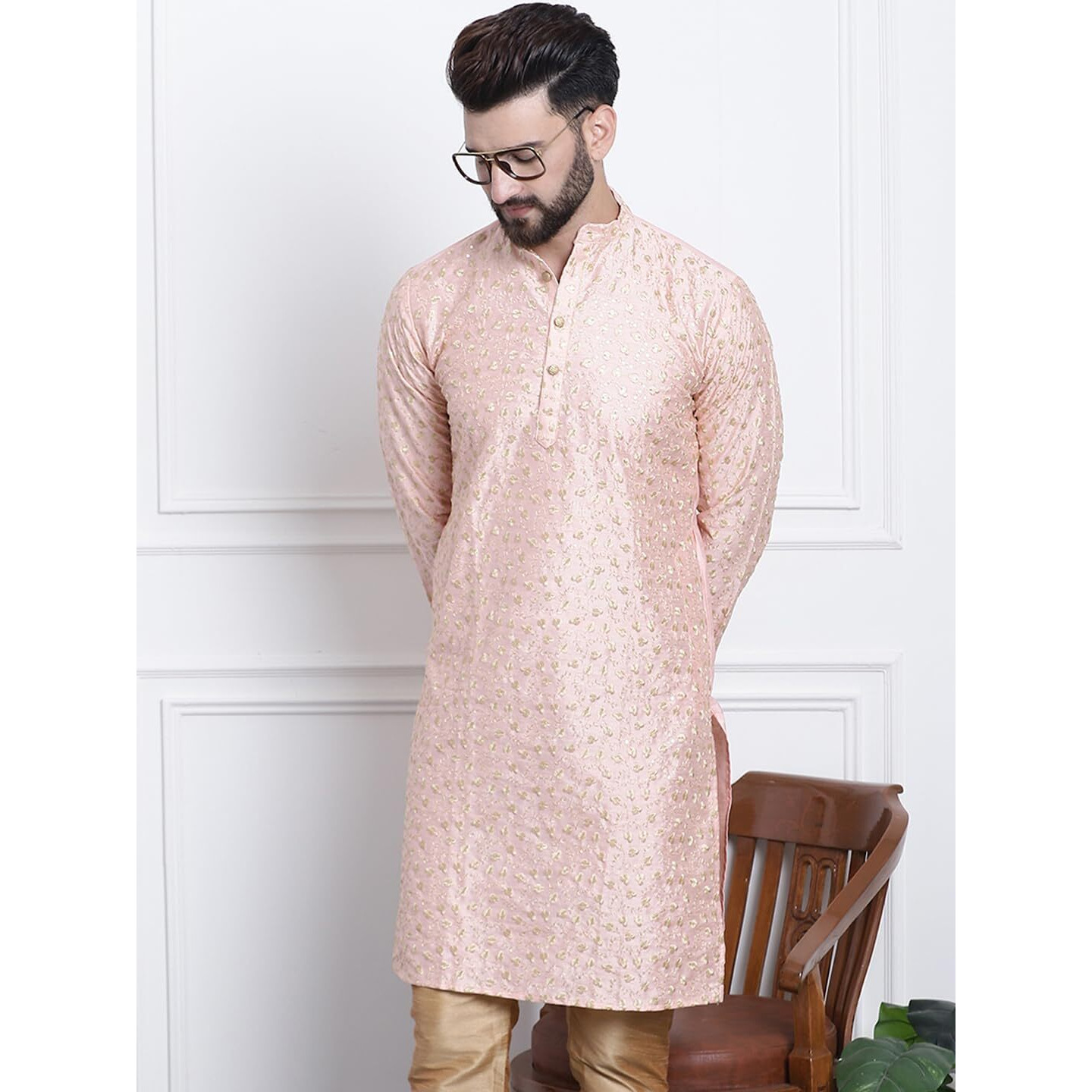 Sojanya (Since 1958 Men's Silk Blend Peach & Gold Embroidered Only Long Kurta