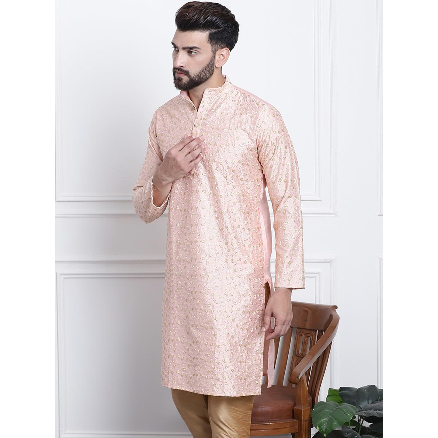 Sojanya (Since 1958 Men's Silk Blend Peach & Gold Embroidered Only Long Kurta