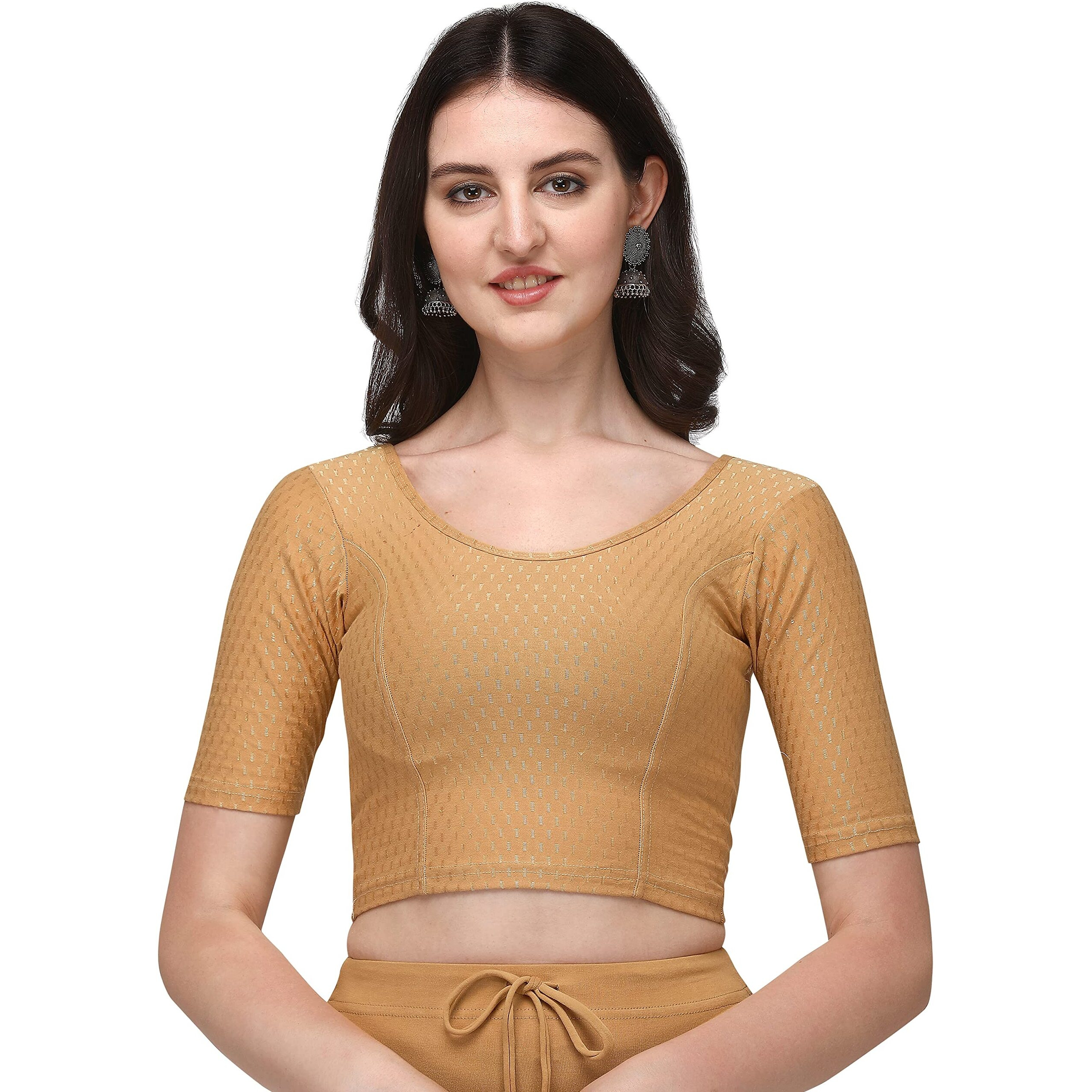 Shiv Textiles Round Neck Dobby Cotton Lycra Stretchable Elbow Sleeve Readymade Saree Blouse For Women Stylish (Creamover Size)