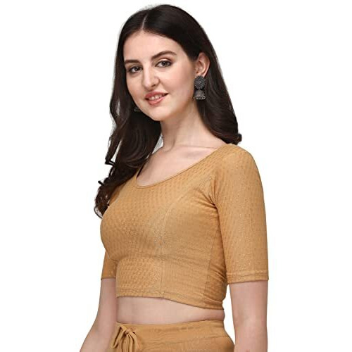 Shiv Textiles Round Neck Dobby Cotton Lycra Stretchable Elbow Sleeve Readymade Saree Blouse For Women Stylish (Creamover Size)