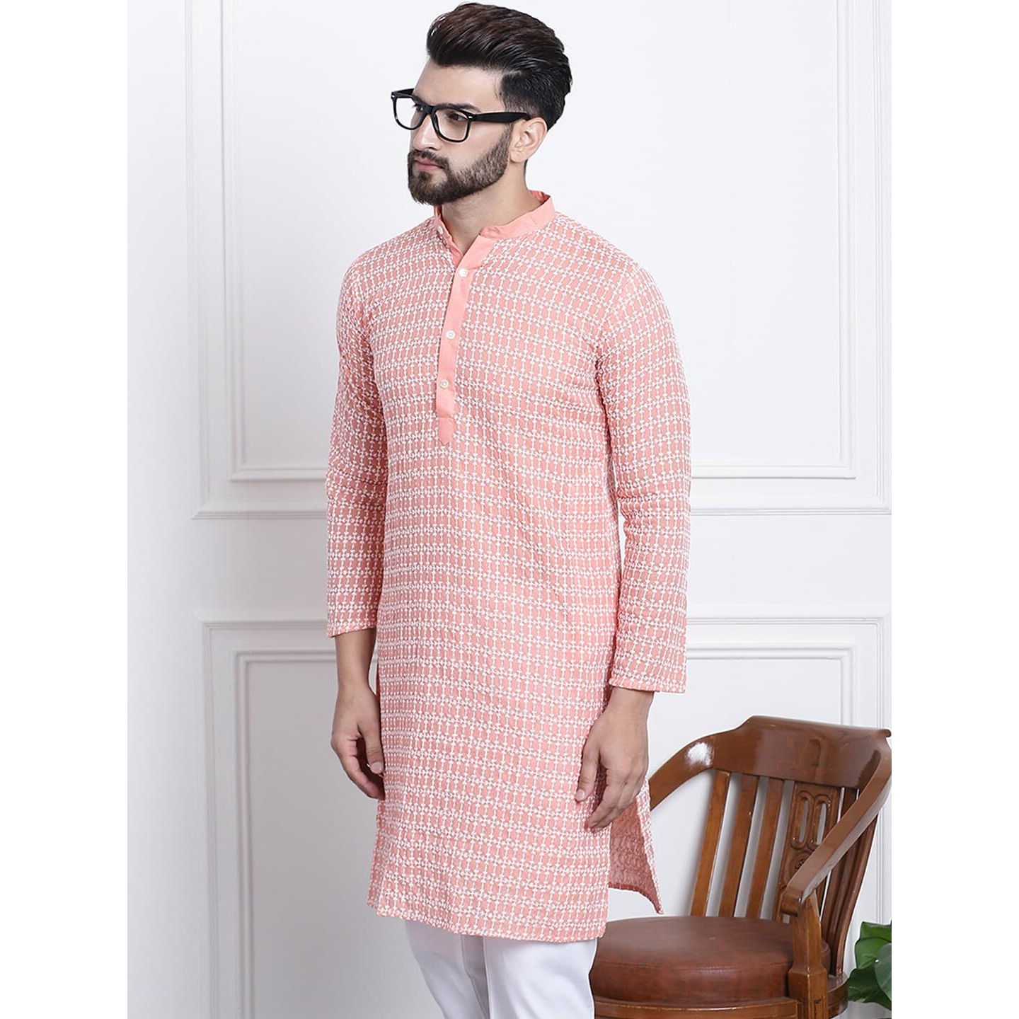Sojanya (Since 1958 Men's Pure Cotton Peach With White Embroidery Only Long Kurta
