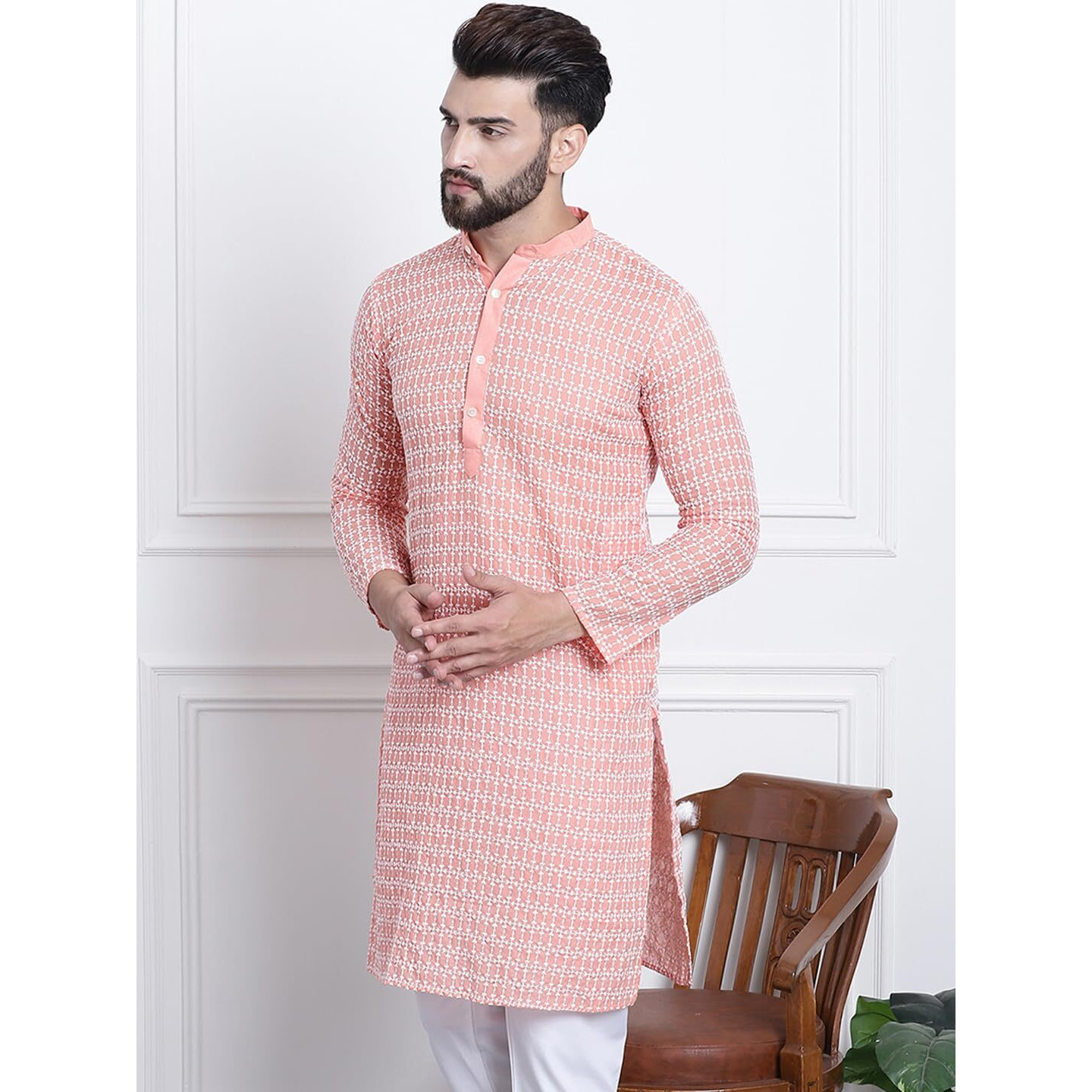 Sojanya (Since 1958 Men's Pure Cotton Peach With White Embroidery Only Long Kurta