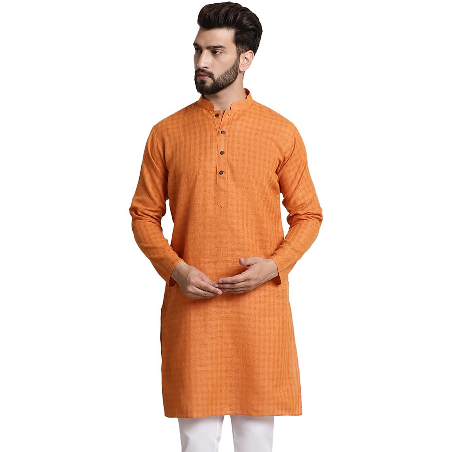 Sojanya (Since 1958 Men's Cotton Blend Orange Checked Only Kurta