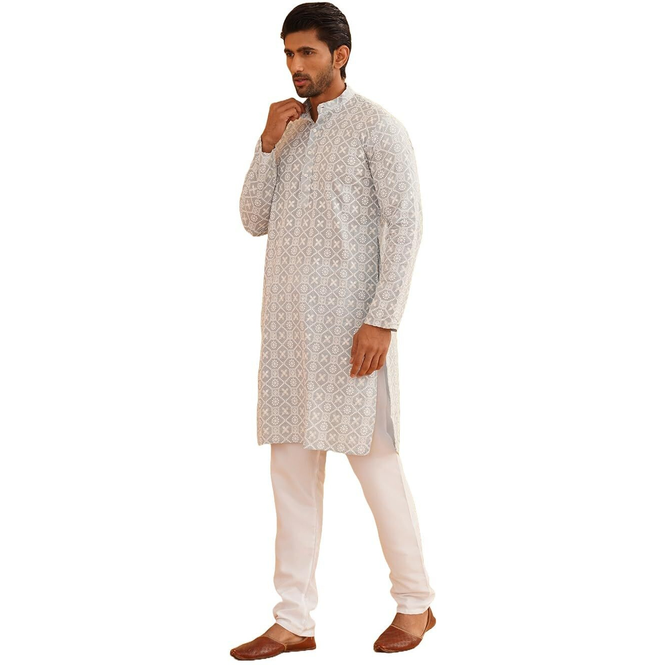 Sojanya (Since 1958 Men's Cotton Gold Sequence Embroidered Grey Kurta With White Churidaar Pyjama