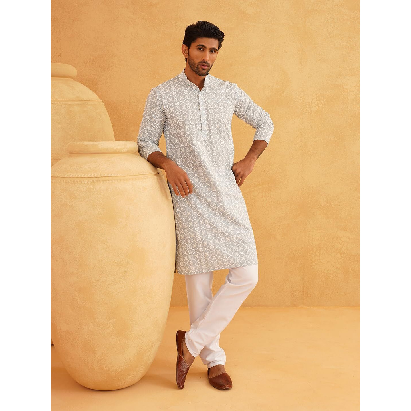 Sojanya (Since 1958 Men's Cotton Gold Sequence Embroidered Grey Kurta With White Churidaar Pyjama