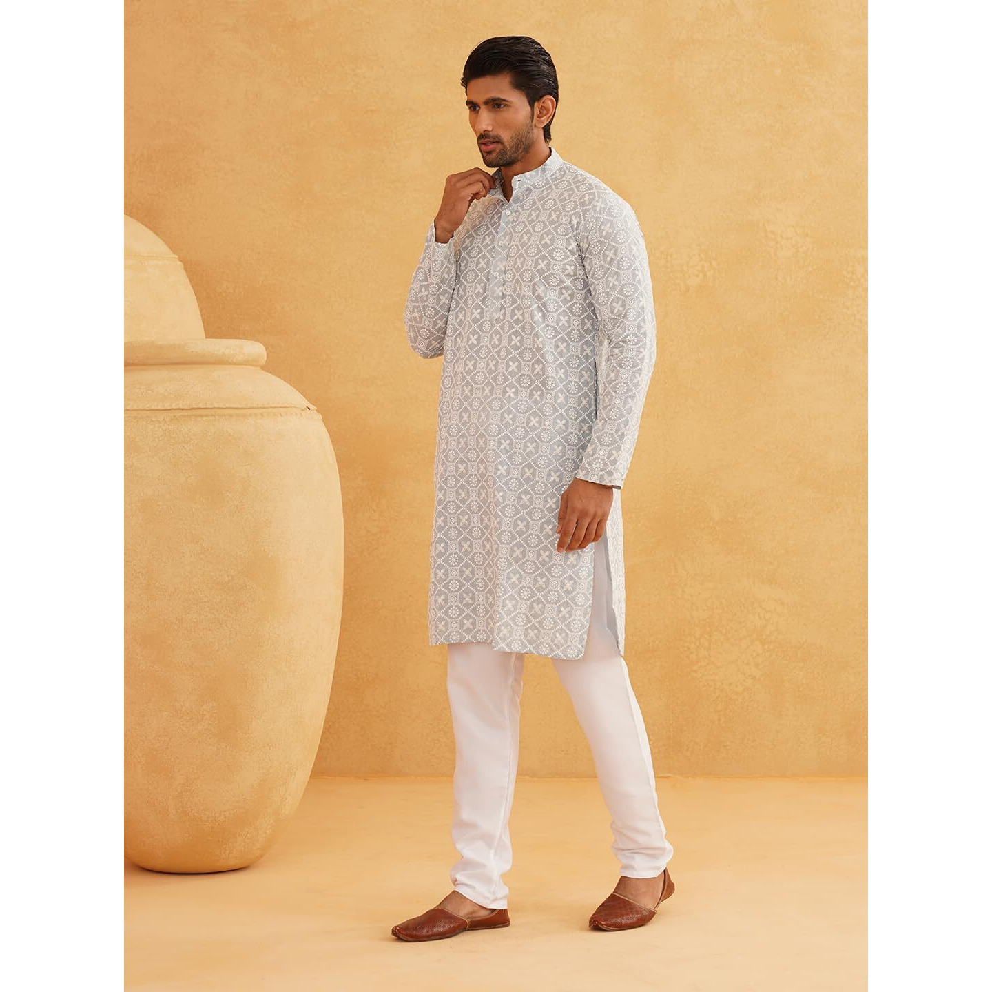Sojanya (Since 1958 Men's Cotton Gold Sequence Embroidered Grey Kurta With White Churidaar Pyjama