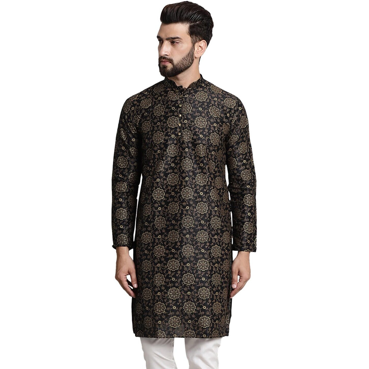 Sojanya (Since 1958 Men's Silk Blend Black Color Print Design Only Long Kurta