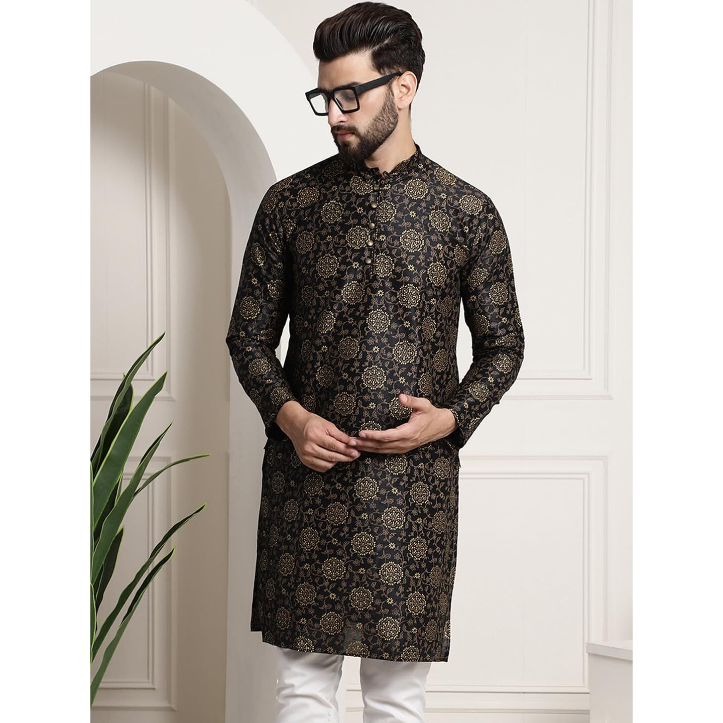 Sojanya (Since 1958 Men's Silk Blend Black Color Print Design Only Long Kurta