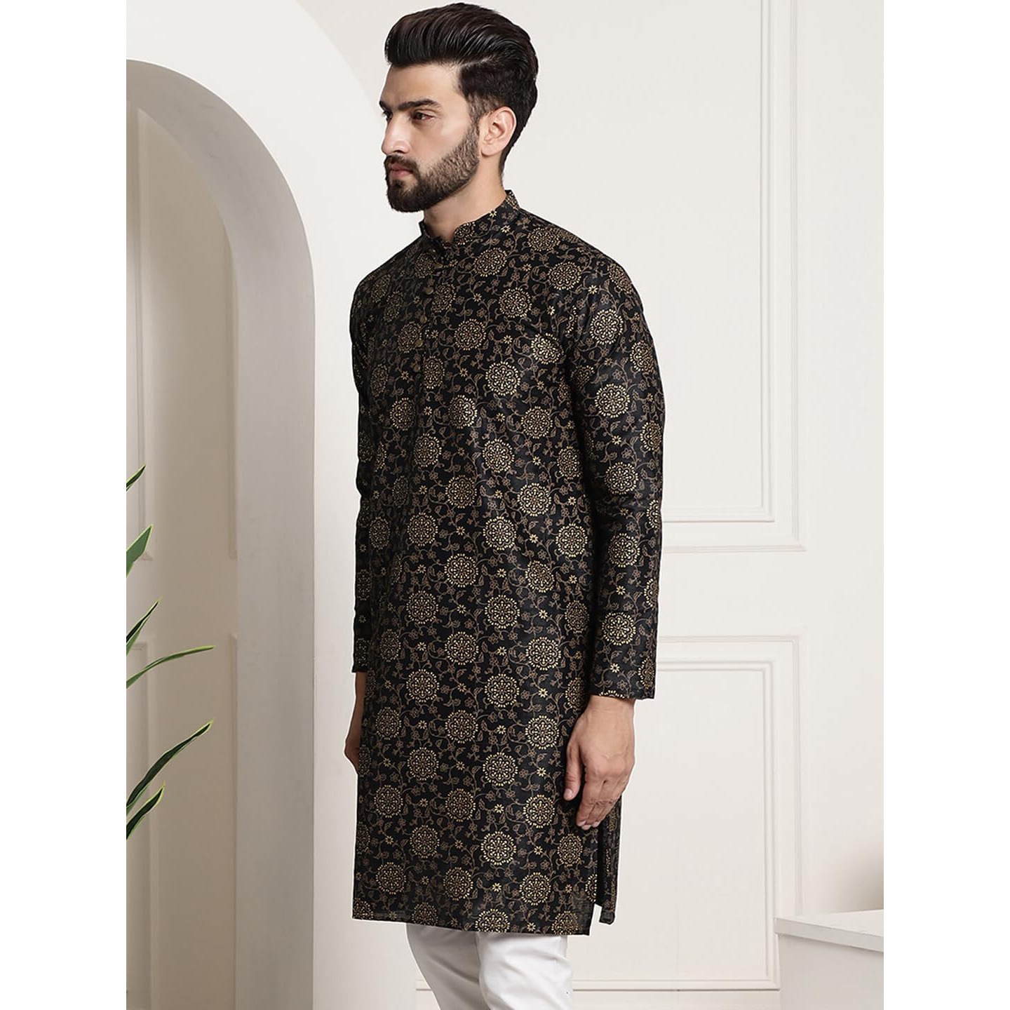 Sojanya (Since 1958 Men's Silk Blend Black Color Print Design Only Long Kurta