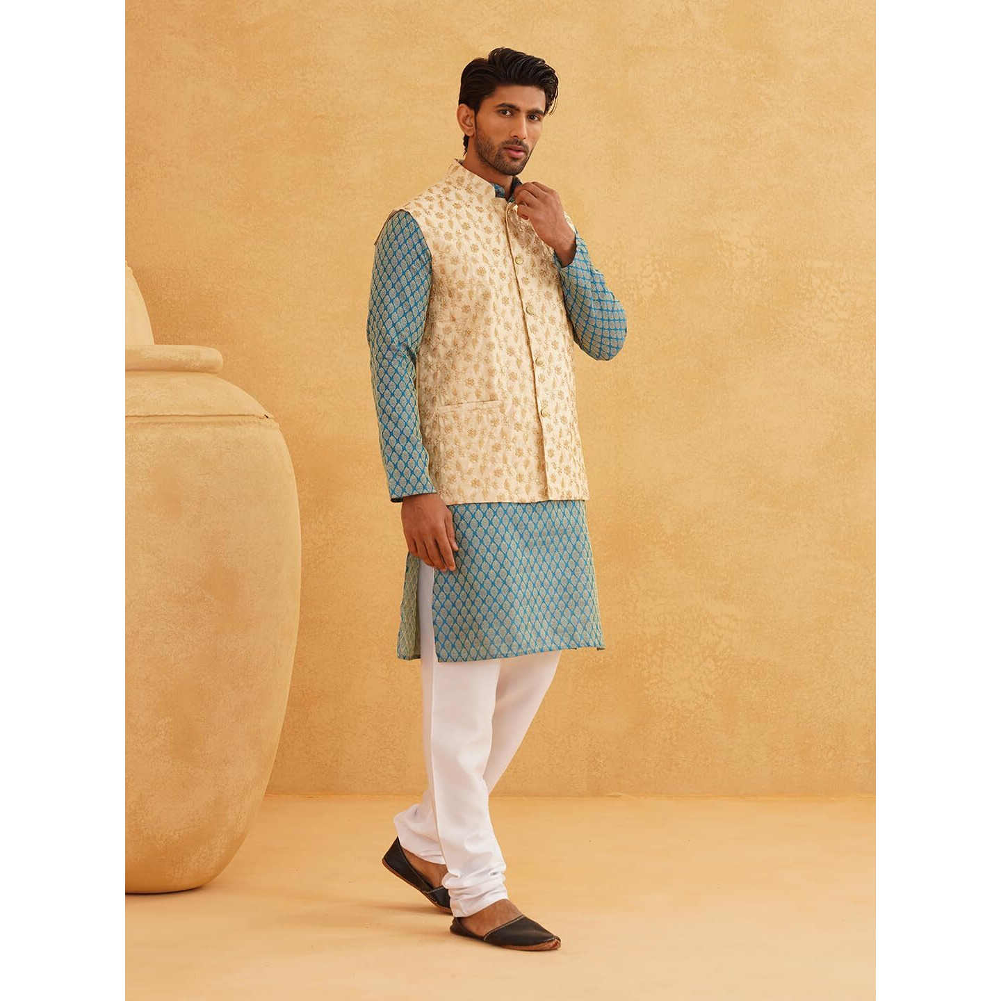 Sojanya (Since 1958 Men's Silk Blend Pblue Kurta & Cream Pyjama With Beige Embroidered Nehrujacket