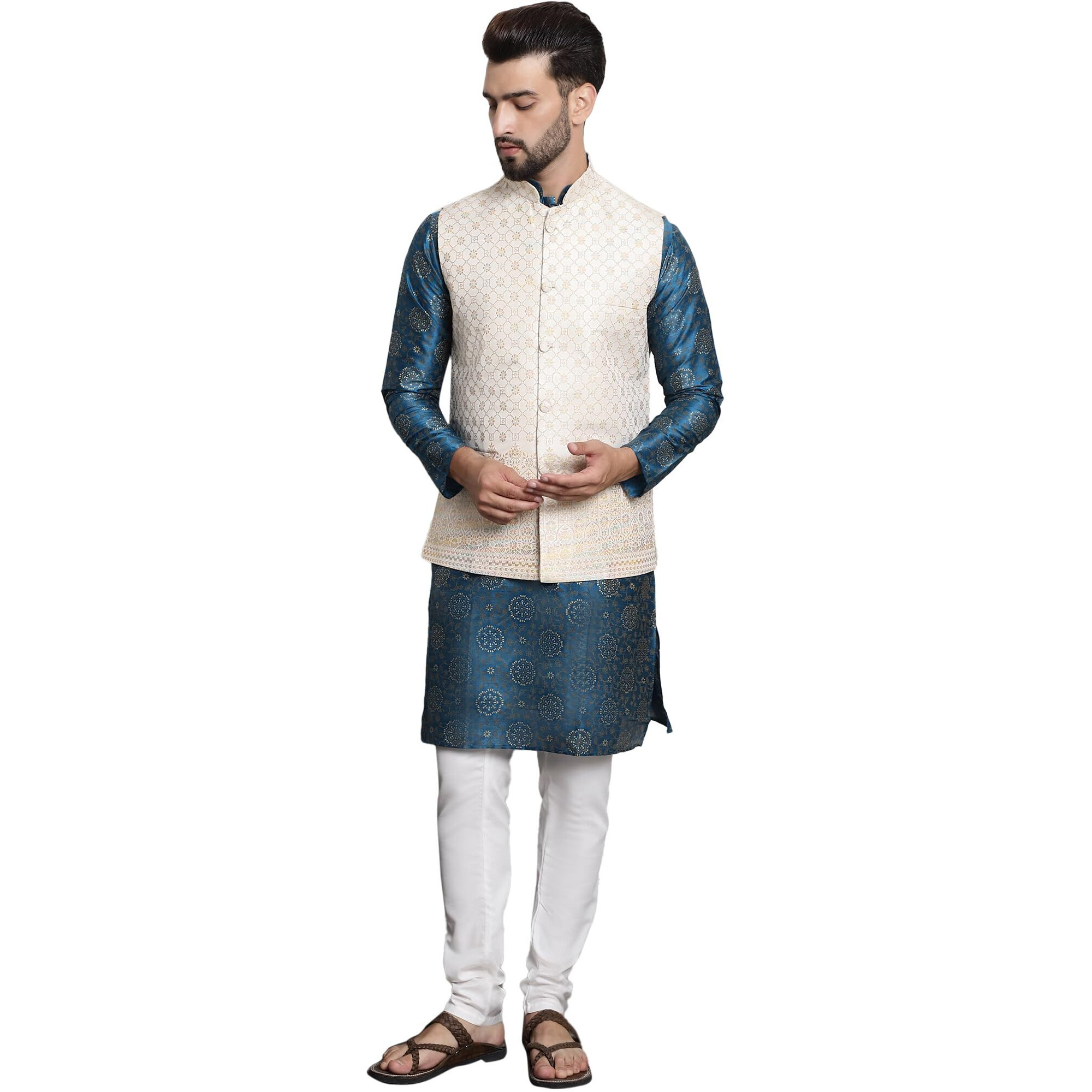 Sojanya (Since 1958 Men's Silk Blend Print Pblue Kurta And Cream Pyjama With Cream Nehru Jacket