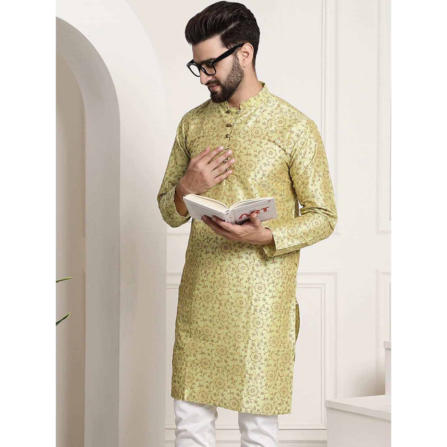 Sojanya (Since 1958 Men's Silk Blend Pista Green Color Print Design Only Long Kurta