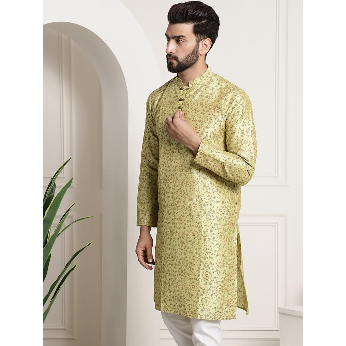 Sojanya (Since 1958 Men's Silk Blend Pista Green Color Print Design Only Long Kurta
