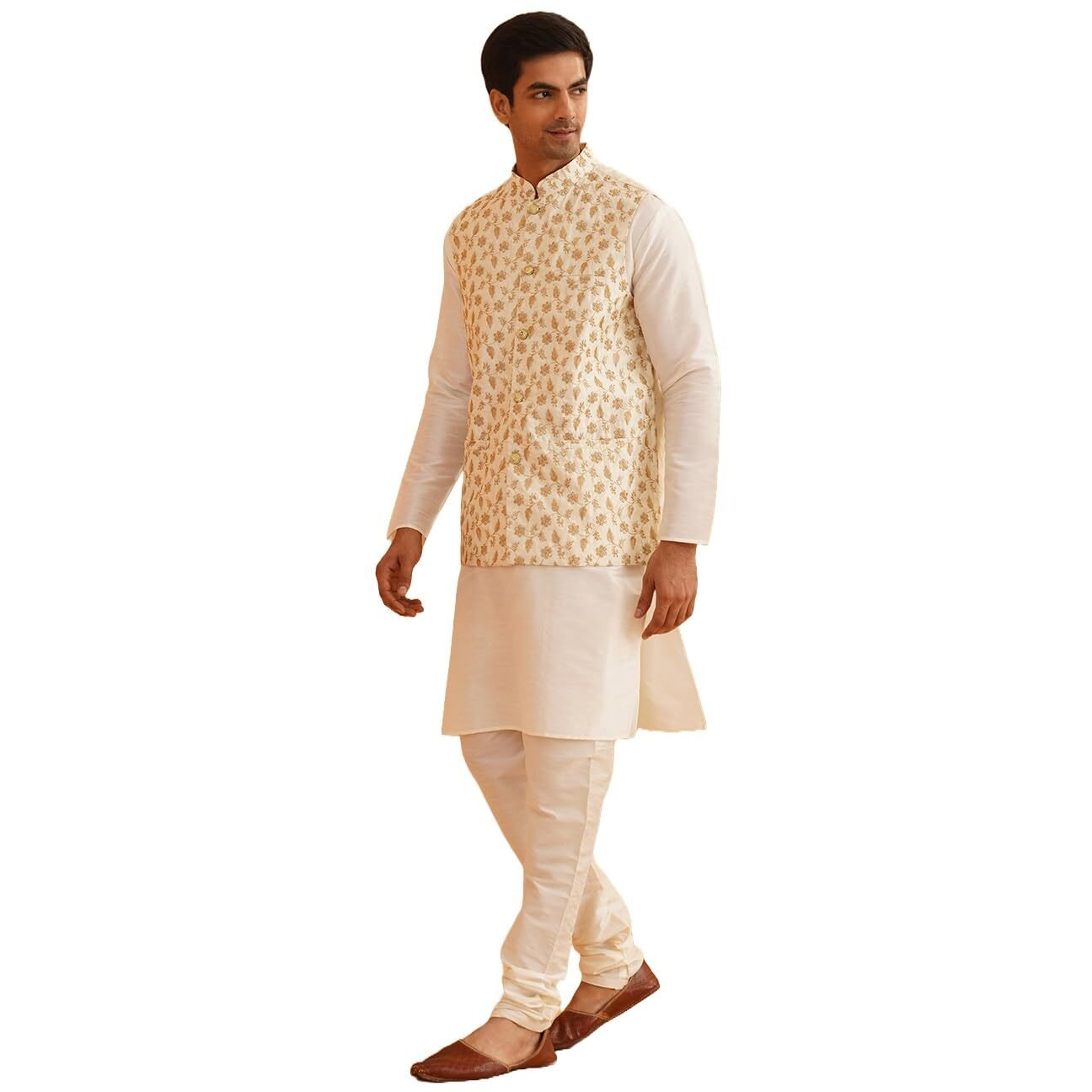 Sojanya (Since 1958 Men's Silk Blend Cream Kurta & Churidaar Pyjama With Cream Embroidered Nehru Jacket