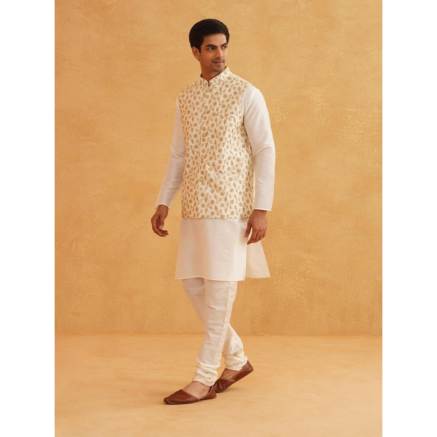 Sojanya (Since 1958 Men's Silk Blend Cream Kurta & Churidaar Pyjama With Cream Embroidered Nehru Jacket