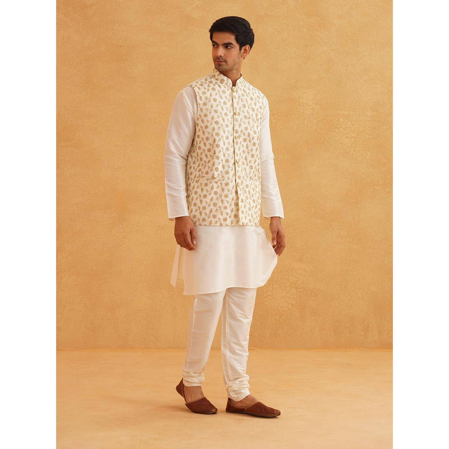 Sojanya (Since 1958 Men's Silk Blend Cream Kurta & Churidaar Pyjama With Cream Embroidered Nehru Jacket
