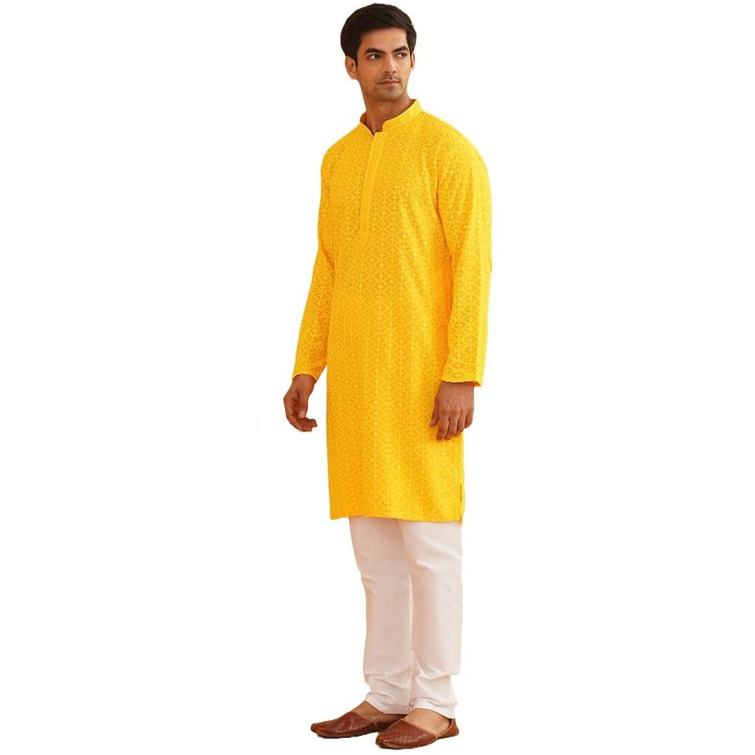 Sojanya (Since 1958 Men's Pure Cotton Mustard Embroidered Sequined Kurta And White Pyjama Set