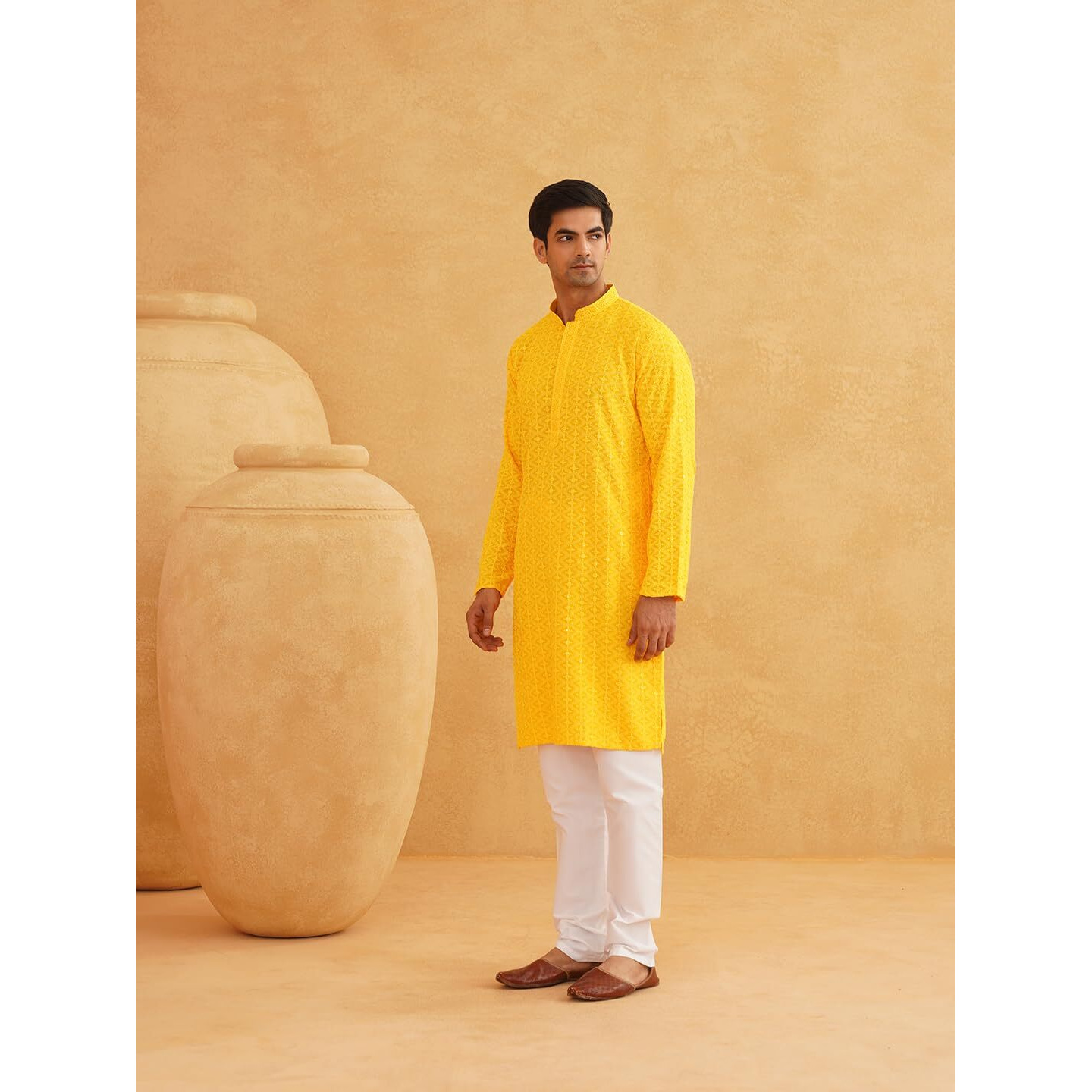 Sojanya (Since 1958 Men's Pure Cotton Mustard Embroidered Sequined Kurta And White Pyjama Set