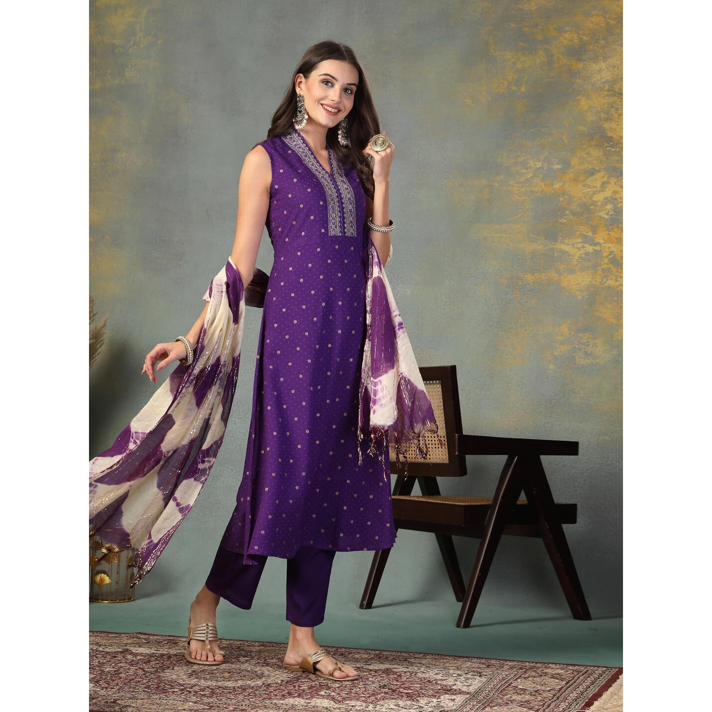 Stylum Women's Khari Printed & Embroidered Rayon A-Line Kurta Dupatta Set (Kdvoilwilliam38_Violet, M)