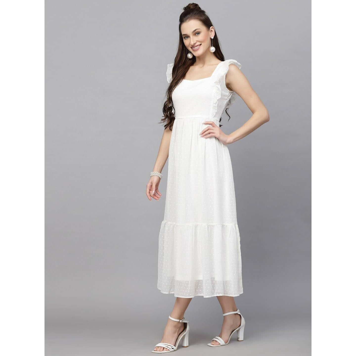 Sugathari Georgette Jacquard Butti White Square Neck Knee Length Western Dresses For Women (Dress2 89 White Xxl)