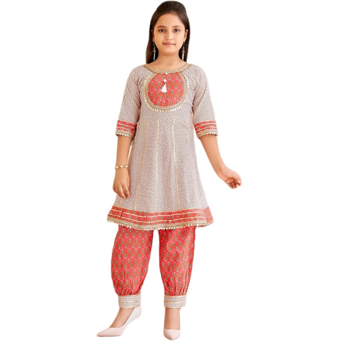 Aarika Girls Ethnic Wear Off White Colour Floral Print With Sequin Lace Cotton Kurti Patiala Set-(5-16 Years)