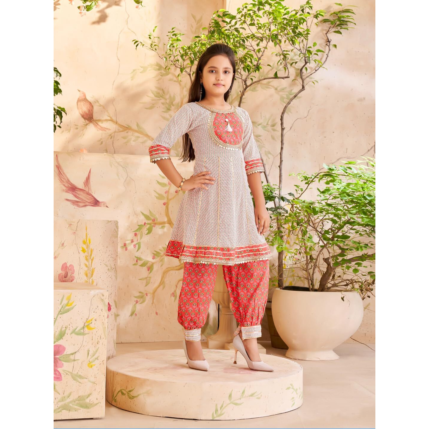 Aarika Girls Ethnic Wear Off White Colour Floral Print With Sequin Lace Cotton Kurti Patiala Set-(5-16 Years)
