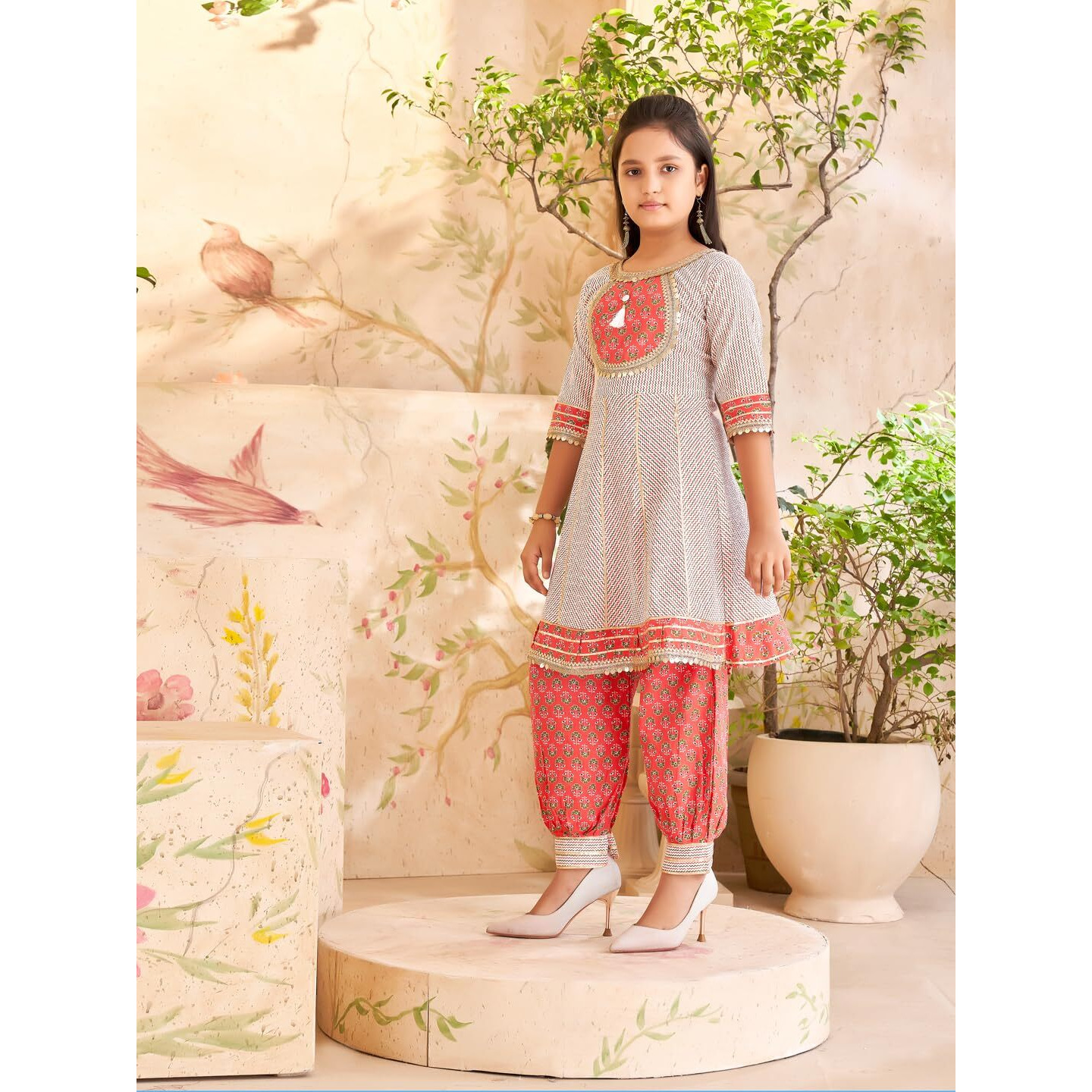 Aarika Girls Ethnic Wear Off White Colour Floral Print With Sequin Lace Cotton Kurti Patiala Set-(5-16 Years)
