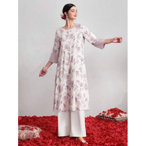 Tadkee Women's Round Neck Printed Kurta With Pants | Kurta Set For Women (Fn-Round-Floral-Set-128-Cream-M)