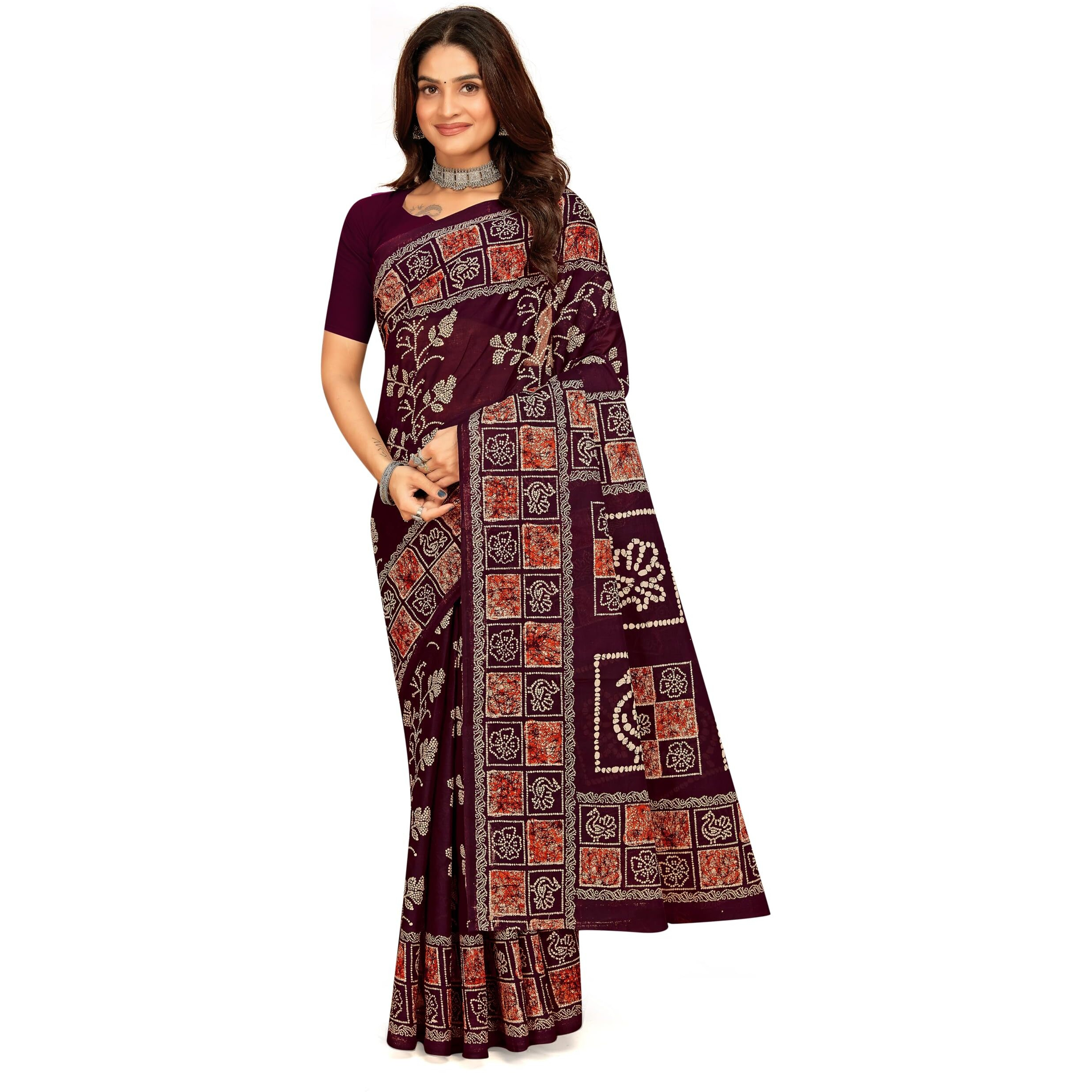 Tamaira Fashion Women's Floral Batik Printed Pure Cotton Mulmul Saree Without Blouse Piece(2489_Darkchocolate)
