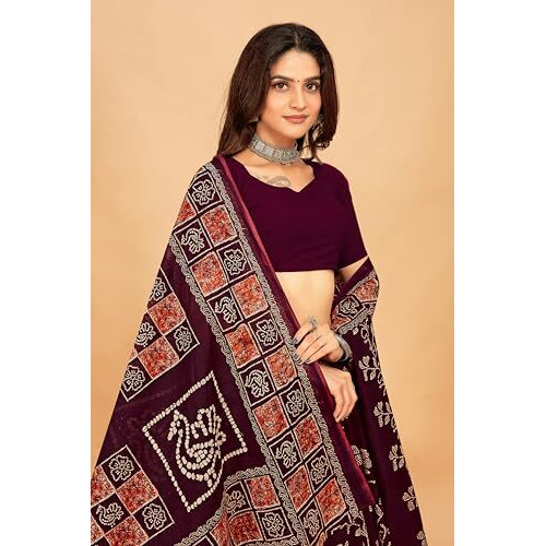 Tamaira Fashion Women's Floral Batik Printed Pure Cotton Mulmul Saree Without Blouse Piece(2489_Darkchocolate)