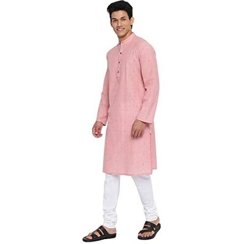 Fabindia Men Cotton Slim Fit Geometric Long Kurta Pink_S