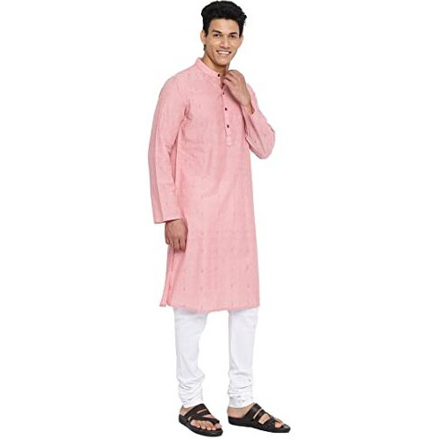 Fabindia Men Cotton Slim Fit Geometric Long Kurta Pink_S