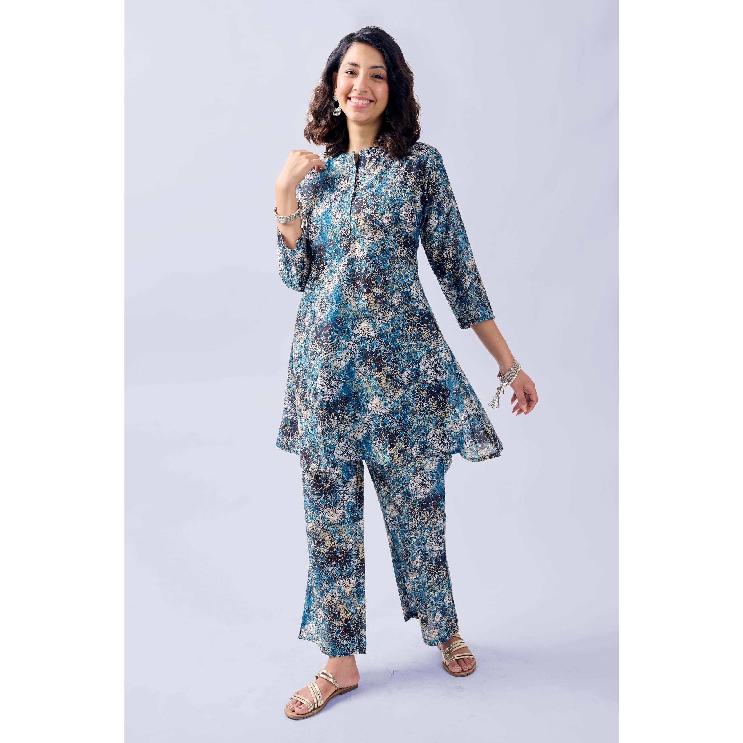 Toochki Women's Muslin Midi Co Ord Set Dress (Toochki281-Cd/M_Blue