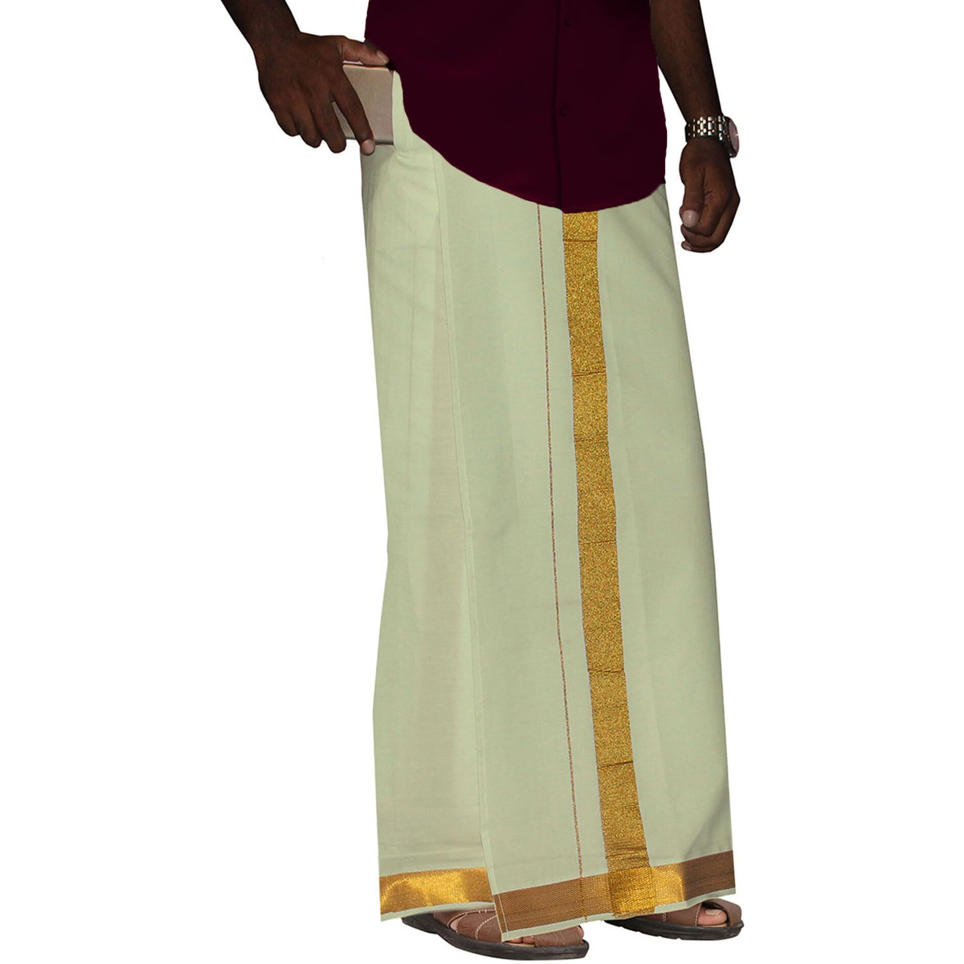 Prakasam Cotton Men's Rich Quality Cream Colour 2 Inch Gold Jari Border Welcro Pocket Dhoti/Size Hip -44 Inches- Length- 42 Inches
