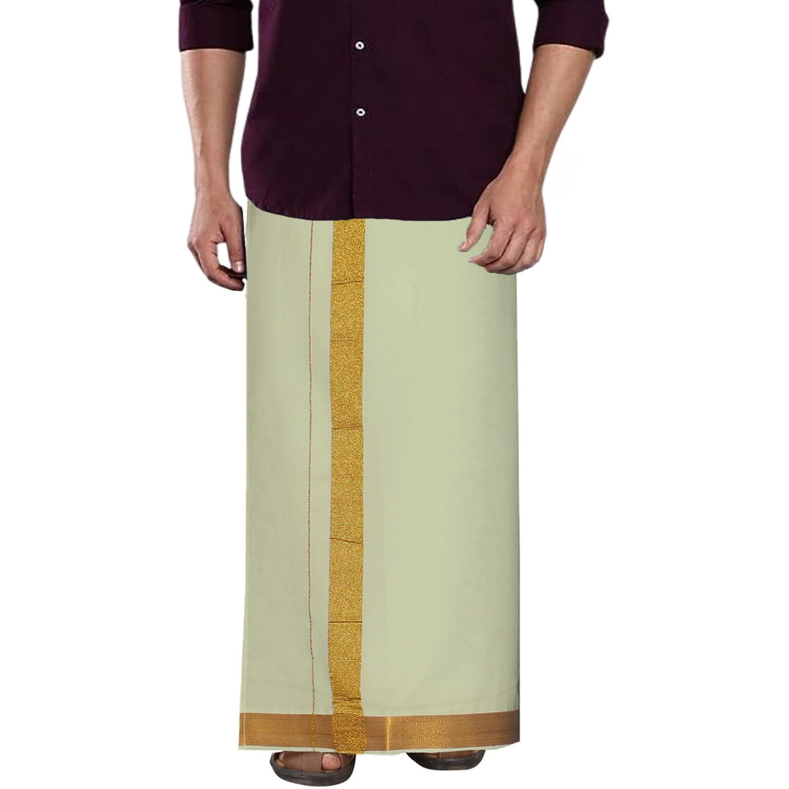 Prakasam Cotton Men's Rich Quality Cream Colour 2 Inch Gold Jari Border Welcro Pocket Dhoti/Size Hip -44 Inches- Length- 42 Inches