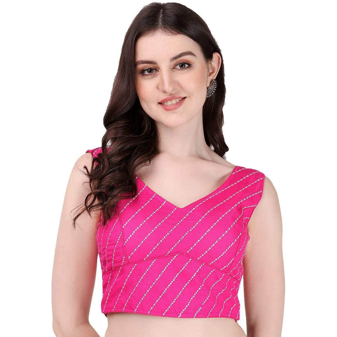 Pujia Mills Women's Phantom Silk Sequins Work Sleeveless Saree Readymade Blouse (Leheriya Blouse_Pink_38 Size)