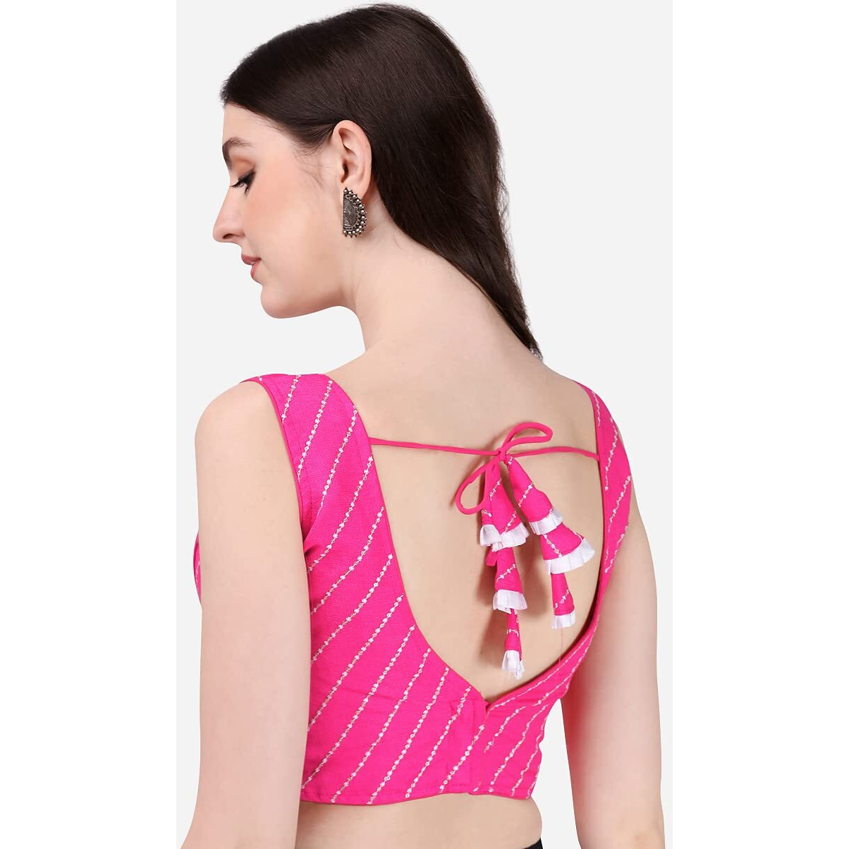 Pujia Mills Women's Phantom Silk Sequins Work Sleeveless Saree Readymade Blouse (Leheriya Blouse_Pink_38 Size)