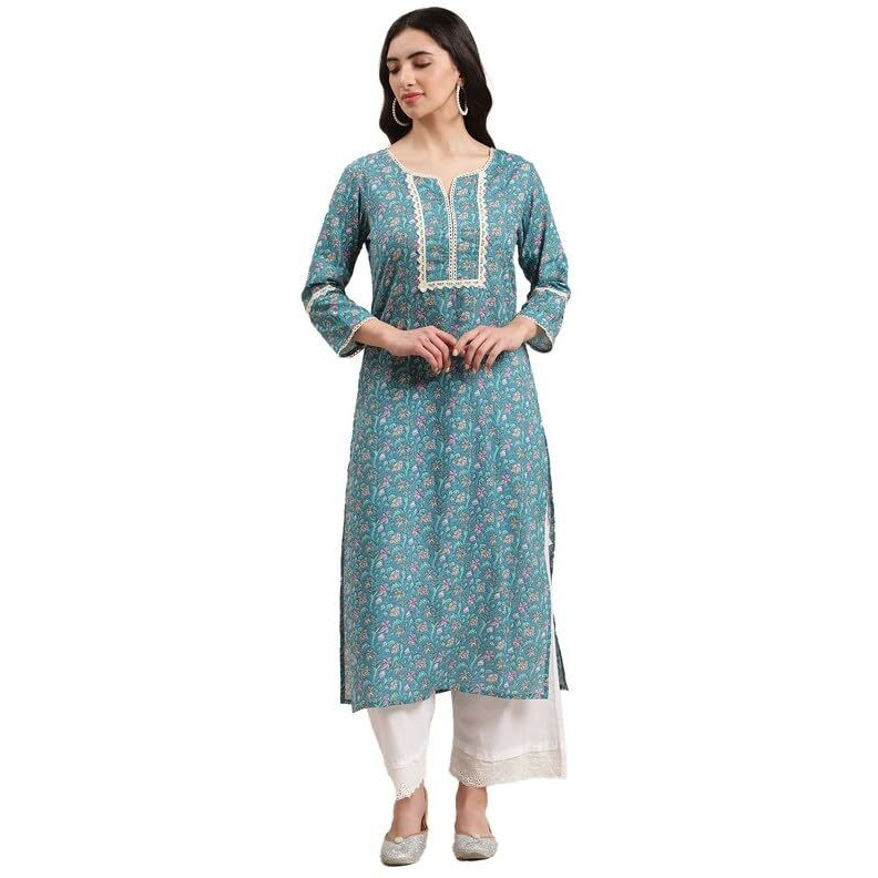 Varanga Women Blue Floral Printed Lace Embellished Kurta With 3/4Th Sleeves, Elegant Kurti For Casual & Festive Occasions (Extra Large)