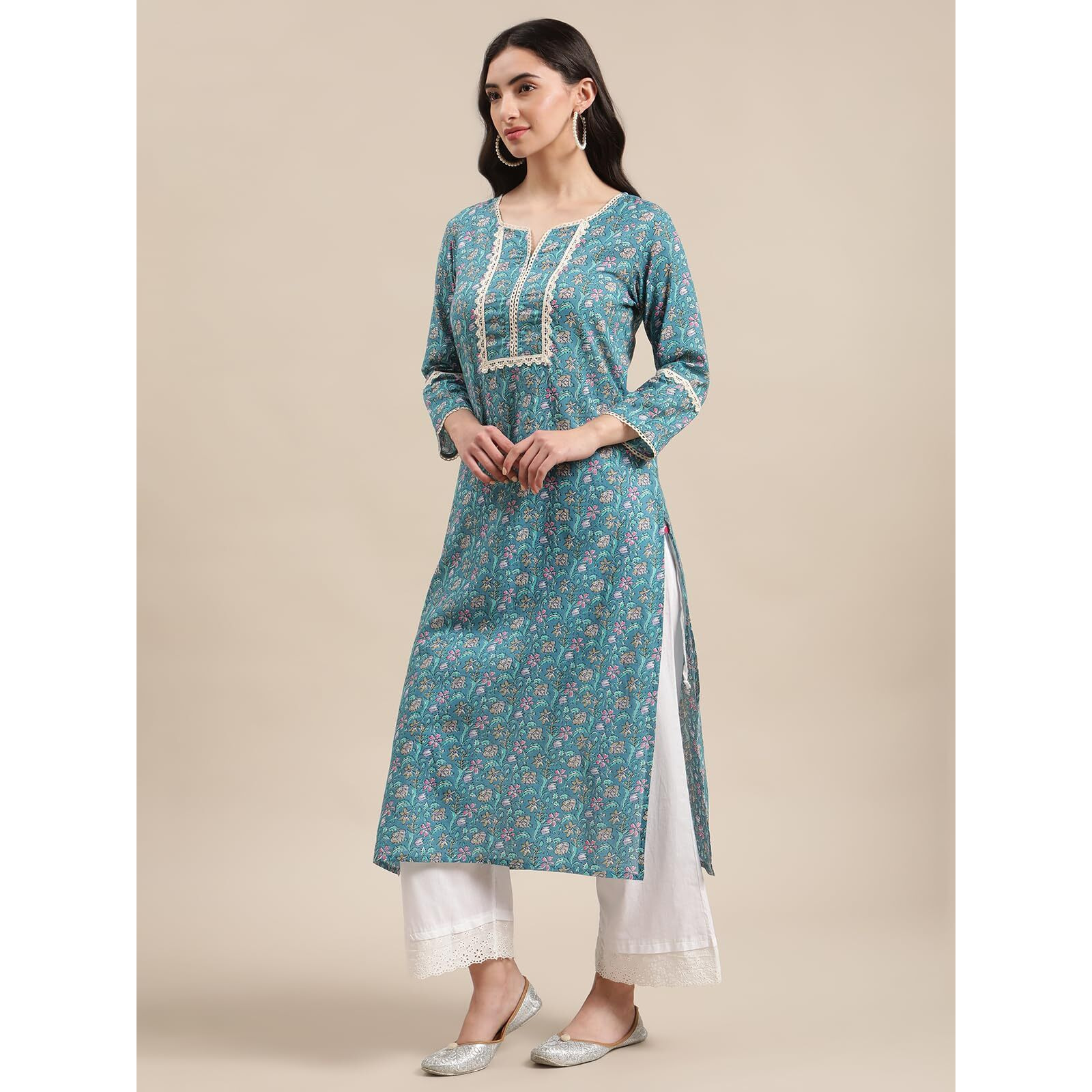 Varanga Women Blue Floral Printed Lace Embellished Kurta With 3/4Th Sleeves, Elegant Kurti For Casual & Festive Occasions (Extra Large)