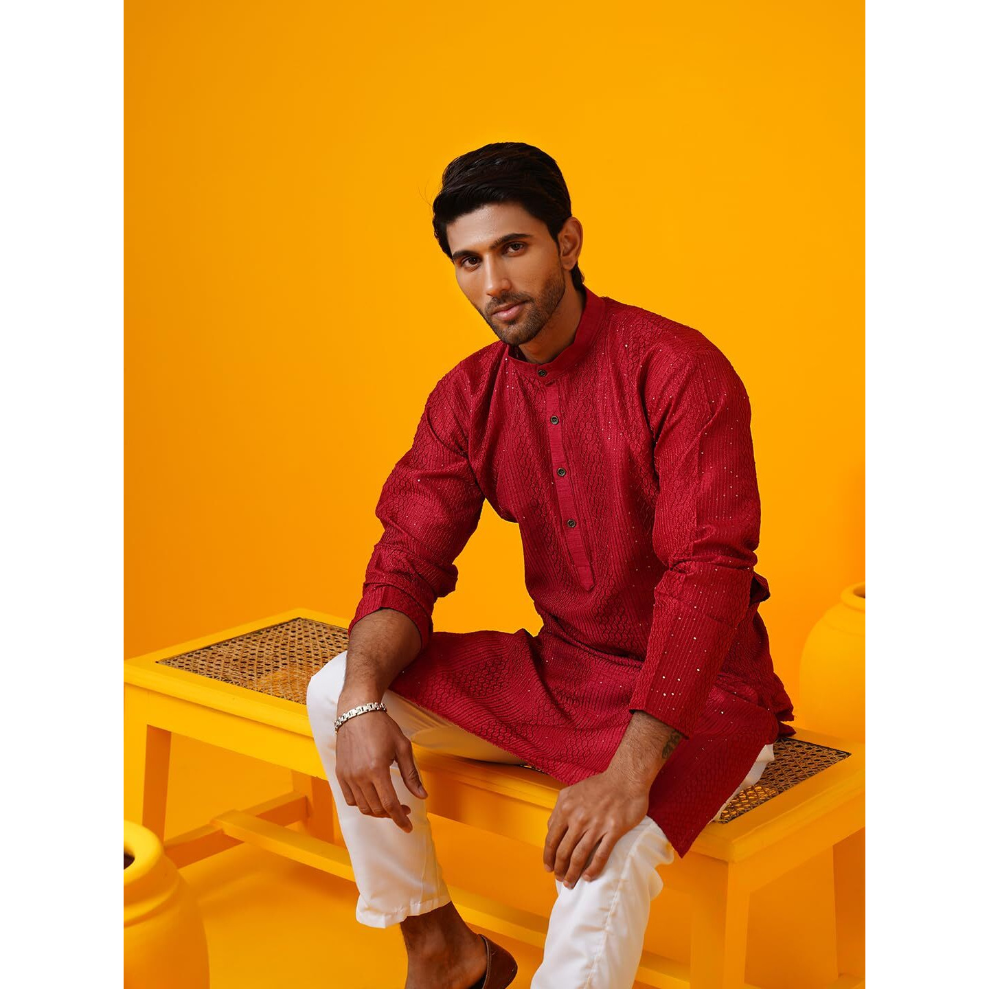 Sojanya (Since 1958 Men's Silk Bend Krochet Thread Embroidered Red Long Kurta