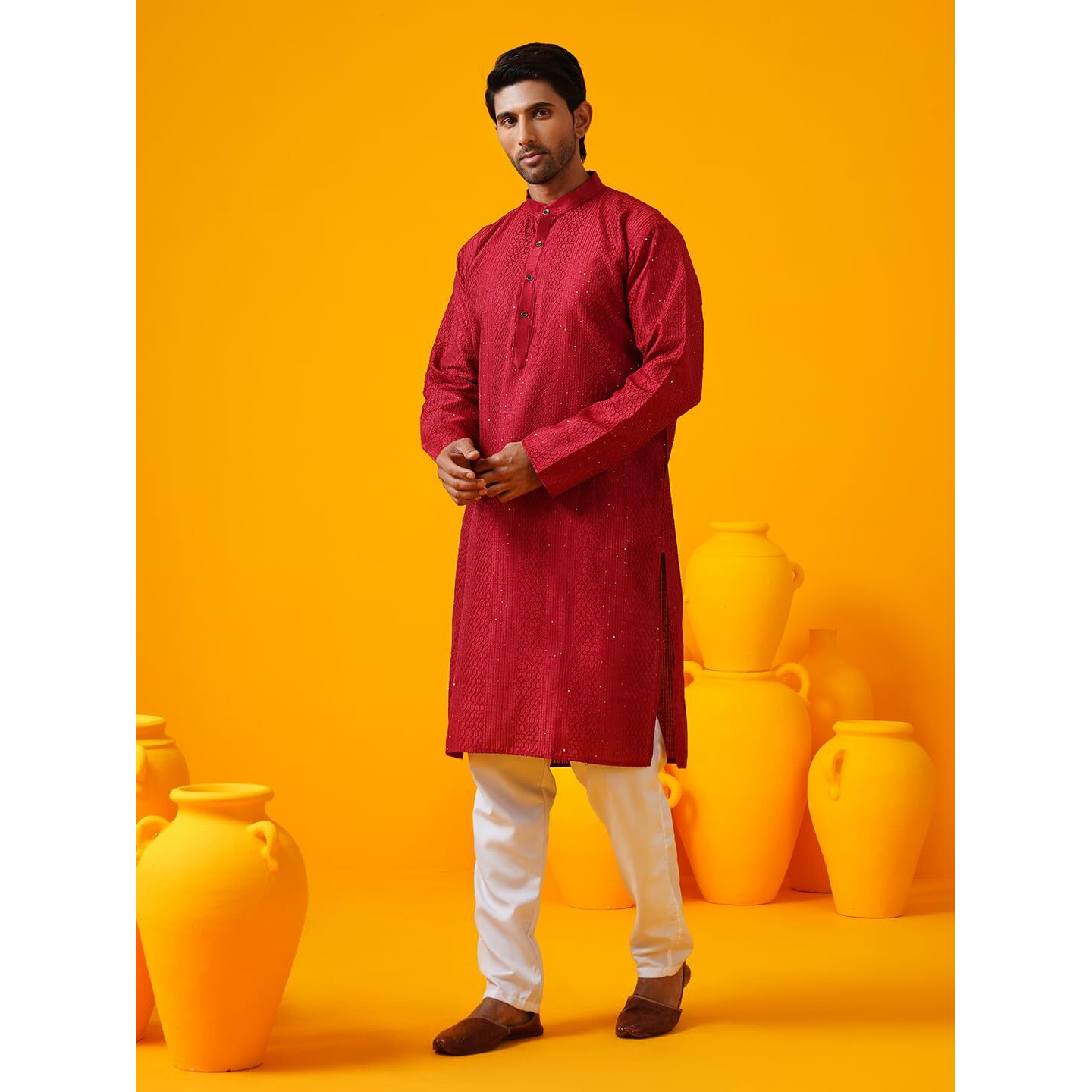 Sojanya (Since 1958 Men's Silk Bend Krochet Thread Embroidered Red Long Kurta