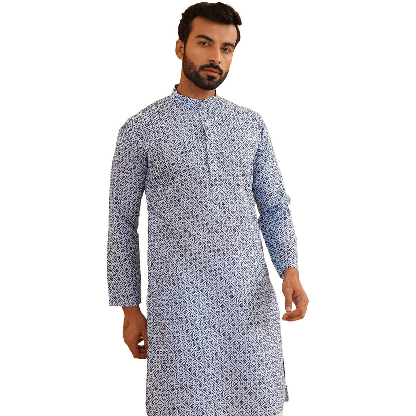 Sojanya (Since 1958 Men's Cotton Linen Blue Foil Printed Only Long Kurta