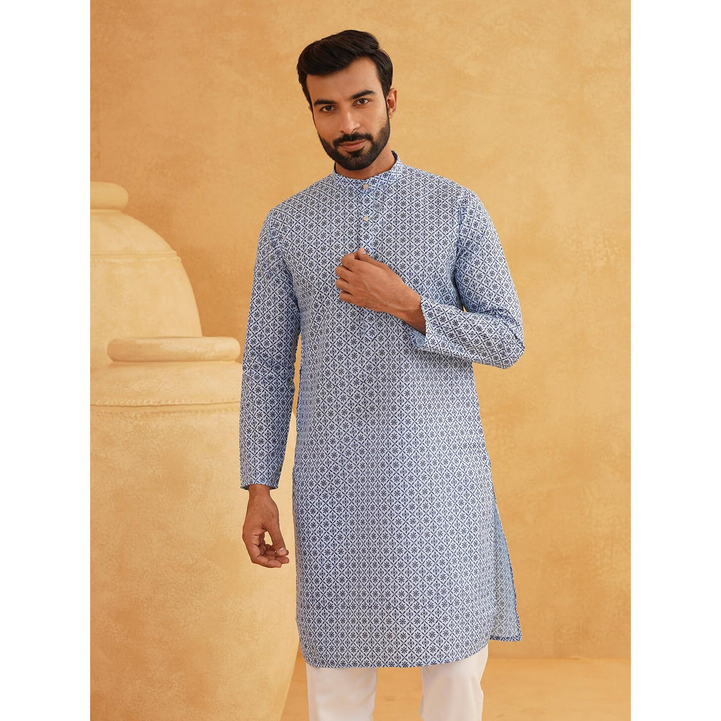 Sojanya (Since 1958 Men's Cotton Linen Blue Foil Printed Only Long Kurta