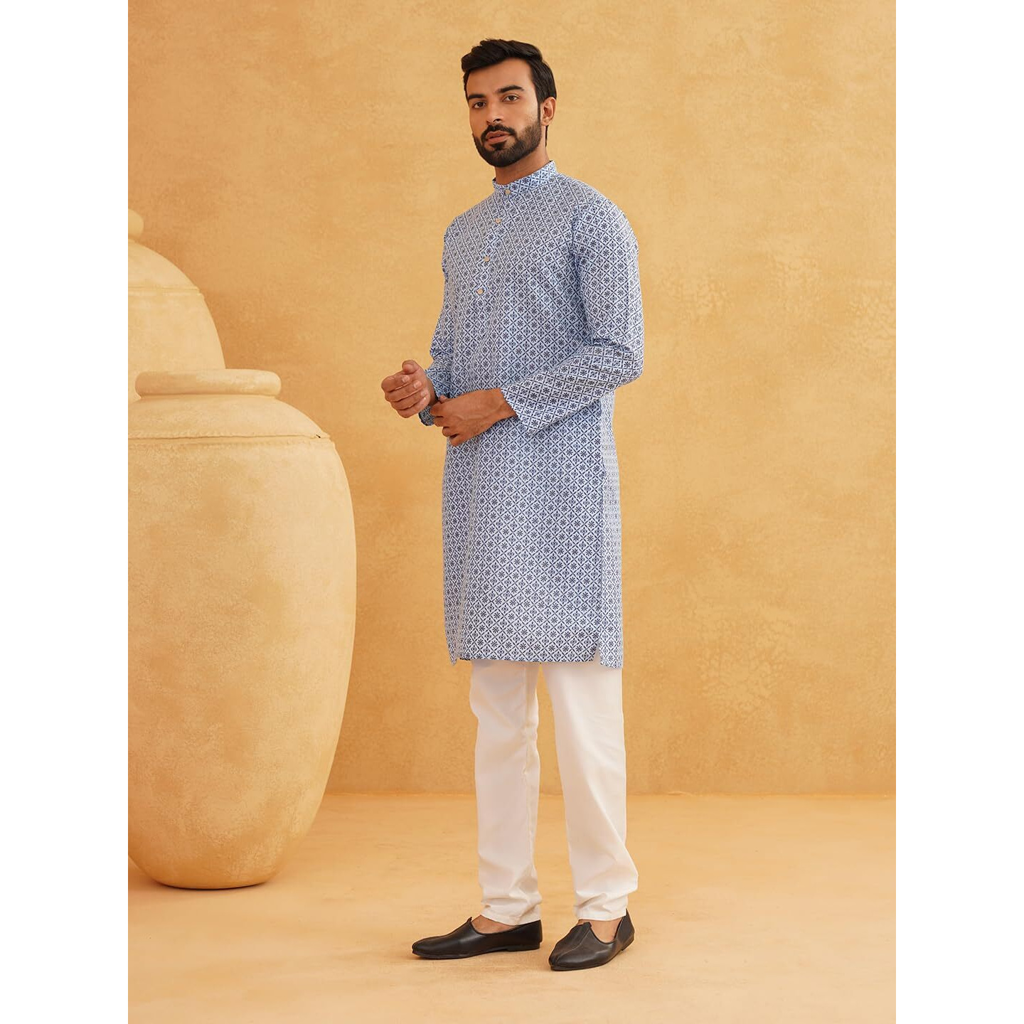 Sojanya (Since 1958 Men's Cotton Linen Blue Foil Printed Only Long Kurta