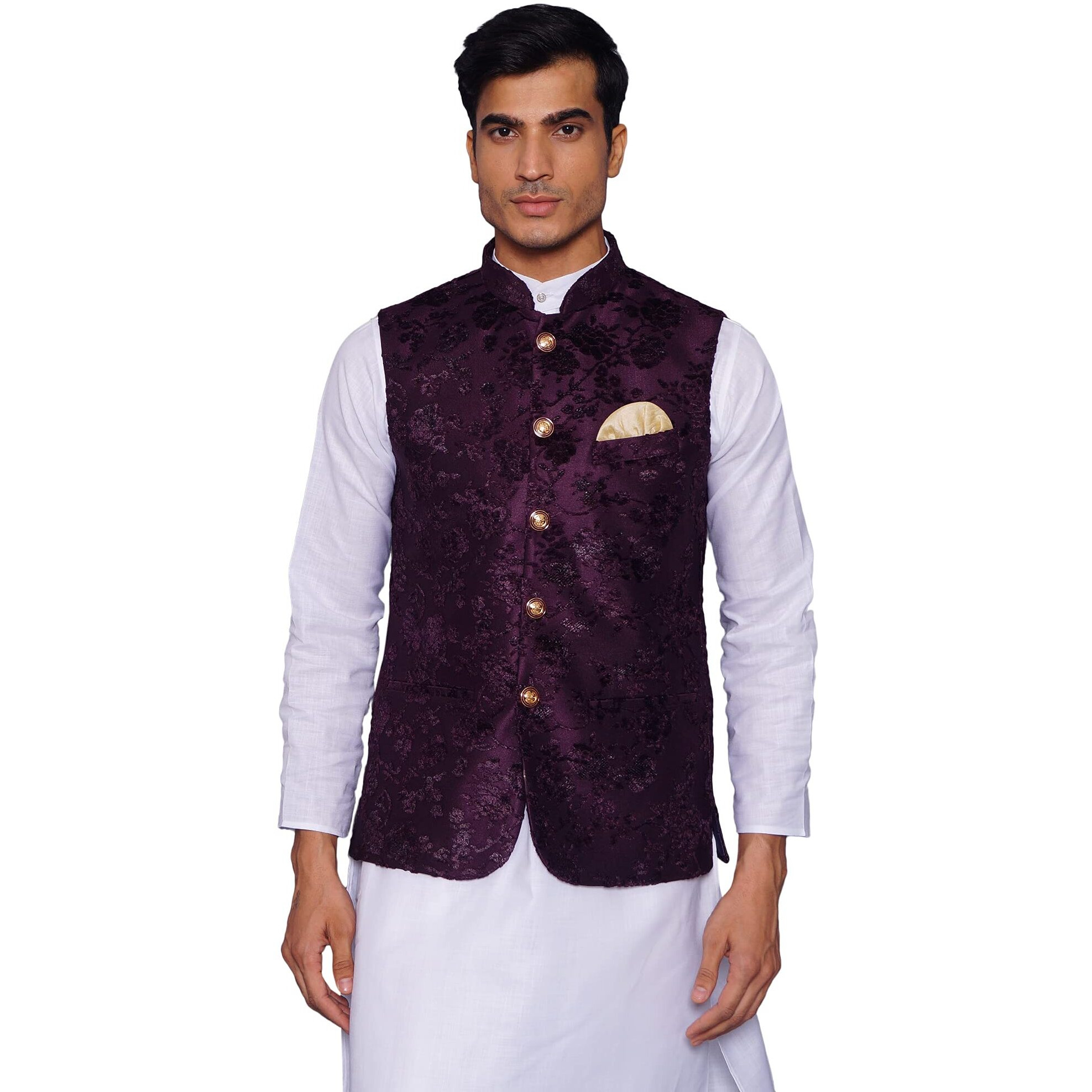 Wintage Men's Embroidered Velvet Party/Festive Indian Jodhpuri Grandad Nehru Modi Jacket Waistcoat  Purple,Xx-Large