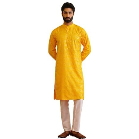 Sojanya (Since 1958 Men's Cotton Foil Gold Printed Mustard Kurta With Churidaar Pyjama