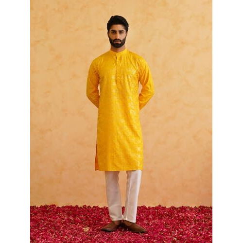 Sojanya (Since 1958 Men's Cotton Foil Gold Printed Mustard Kurta With Churidaar Pyjama
